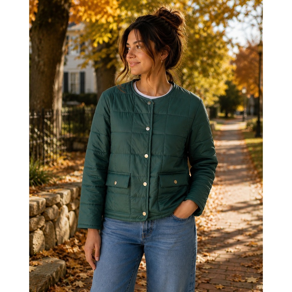 Crown & Ivy Quilted Puffer Jacket Women Size M Green Snap Front Lightweight NWT